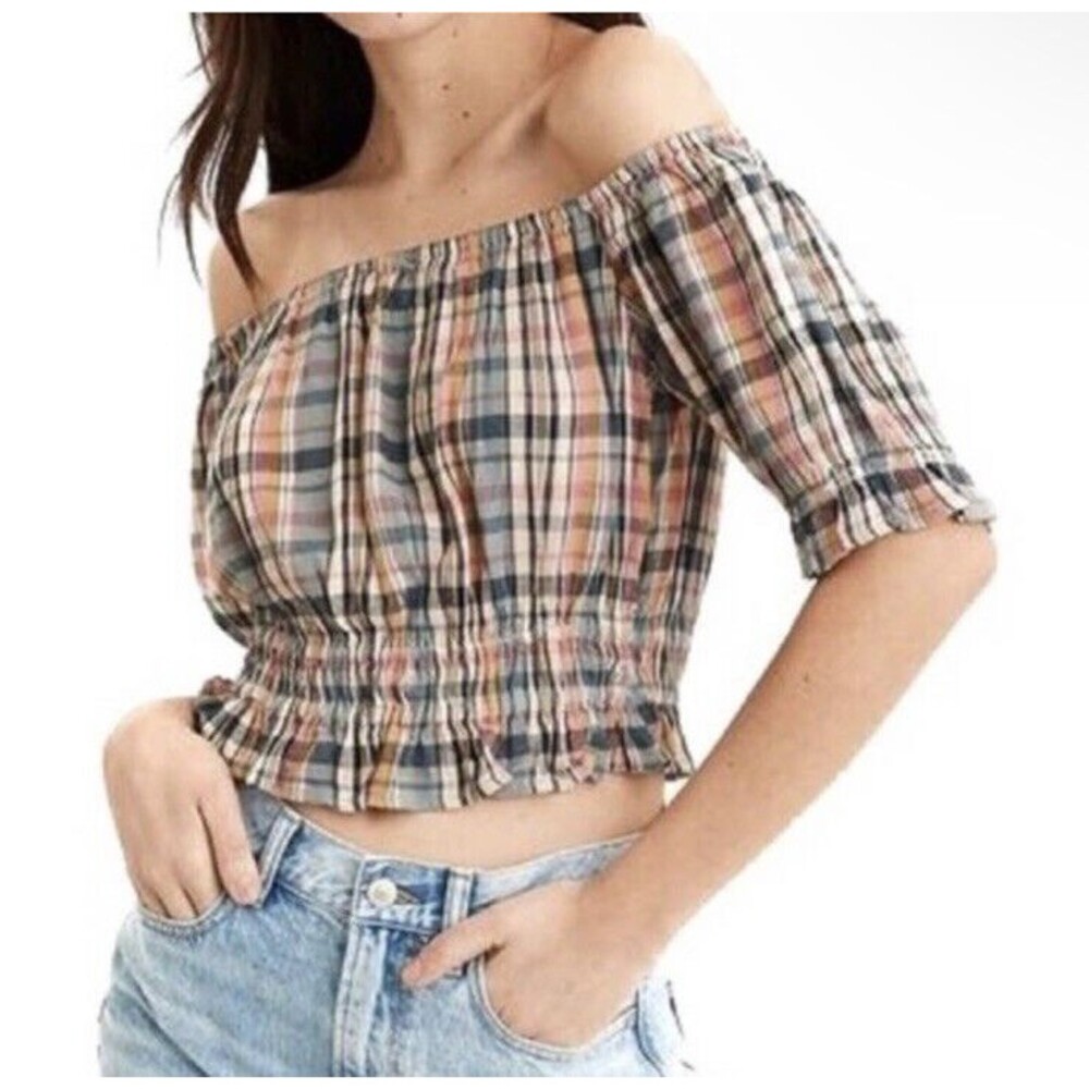American Eagle Plaid Off The Shoulder Crop Top Size M Southern Ruffle Hem Casual